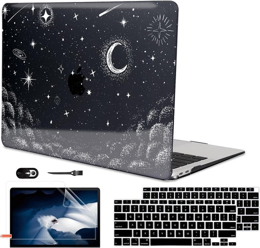 for MacBook Air 13 inch Case 2021 2020 2019 2018 Release M1 A2337 A2179 A1932, Glitter Crystal Black Pritned Pattern Plastic Hard Case Cover for Mac Air 13.3" M1 Touch ID, Stars & Moon