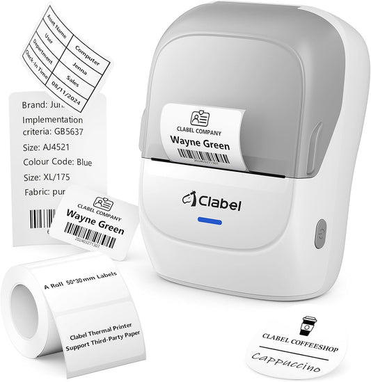 CLABEL Thermal Label Maker Machine: 221B Bluetooth Label Maker Mini Sticker Printer Barcode Printer Inkless Label Maker Compatible with Clothing Price Labeling with 1 Roll of 50x30mm Label(Gray White)