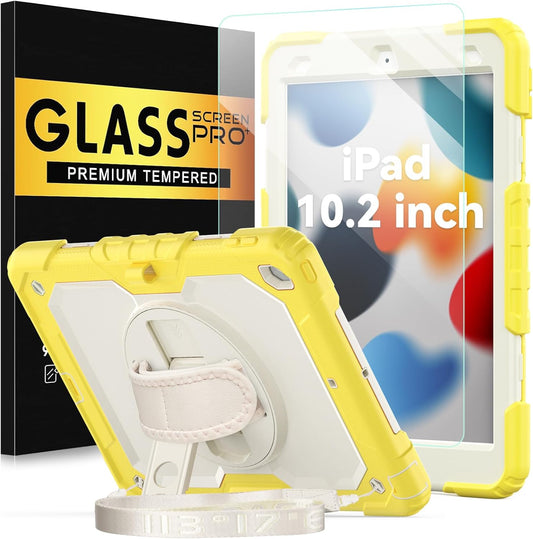 BLOSOMEET Kids Case for iPad 10.2 9th/8th Generation 2021 2020 with Tempered Glass Screen Protector Pen Holder,Cute Girls Boys iPad 7th Gen Cover Rugged w/Stand Hand Shoulder Strap Yellow