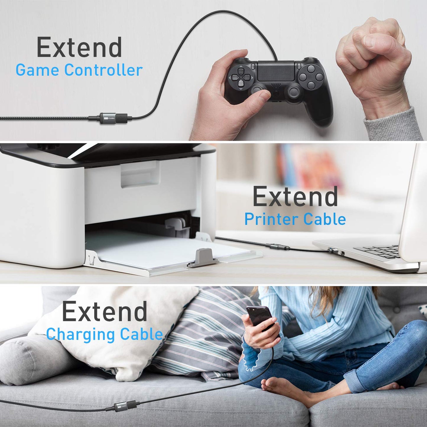 ITD ITANDA 10FT USB Extension Cable USB 3.0 Extension Cord Type A Male to Female5Gbps Data Transfer for Keyboard, Mouse, Playstation, Xbox, Flash Drive, Printer, Camera and More