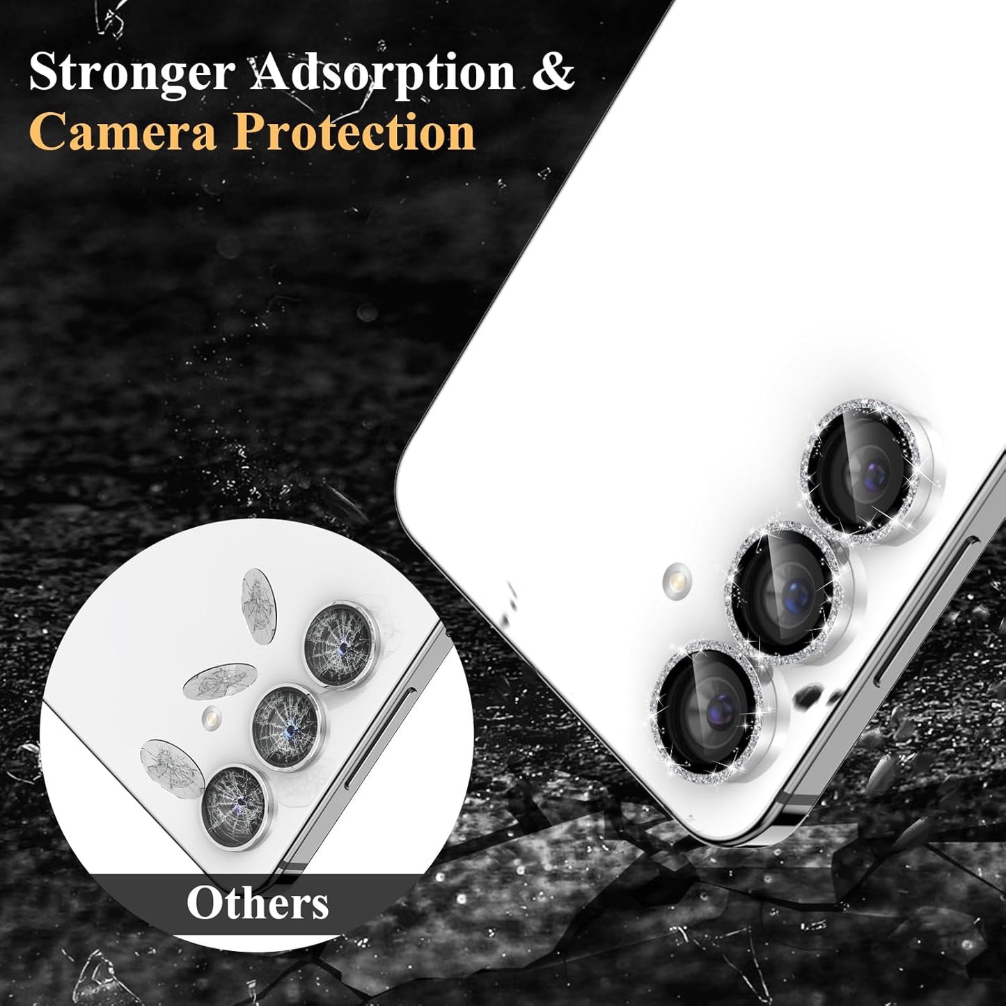 YWXTW Camera Lens Protector for Samsung Galaxy S24 / S23 / S23 Plus, [NOT for S24 Plus] 9H Tempered Glass Metal Individual Ring Camera Screen Protector for S24 Accessories (Silver Glitter)