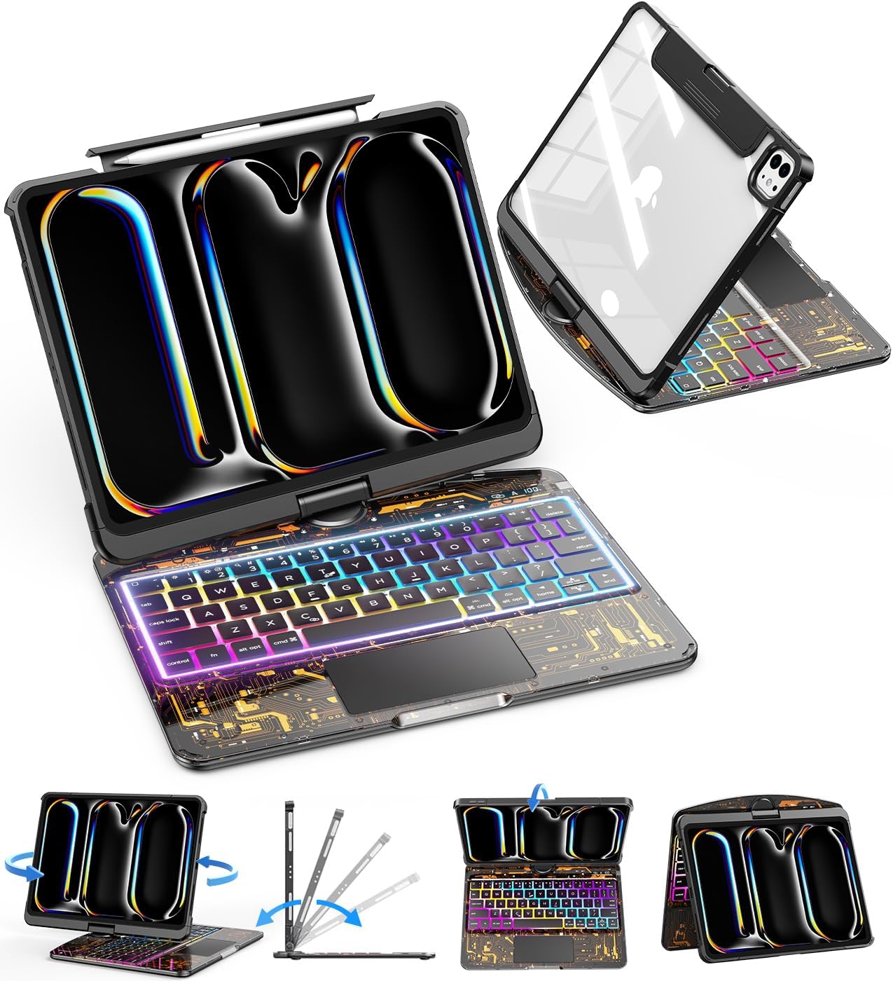 SIBEITU Keyboard Case for iPad Pro 11 Inch M5 2025 /M4 2024, Clear Wireless 360 Rotatable iPad Pro11 Cover, Multi-Touch Trackpad & Visible PCB High-Tech Design, 7-Color Backlight & 3-Brightness, Black