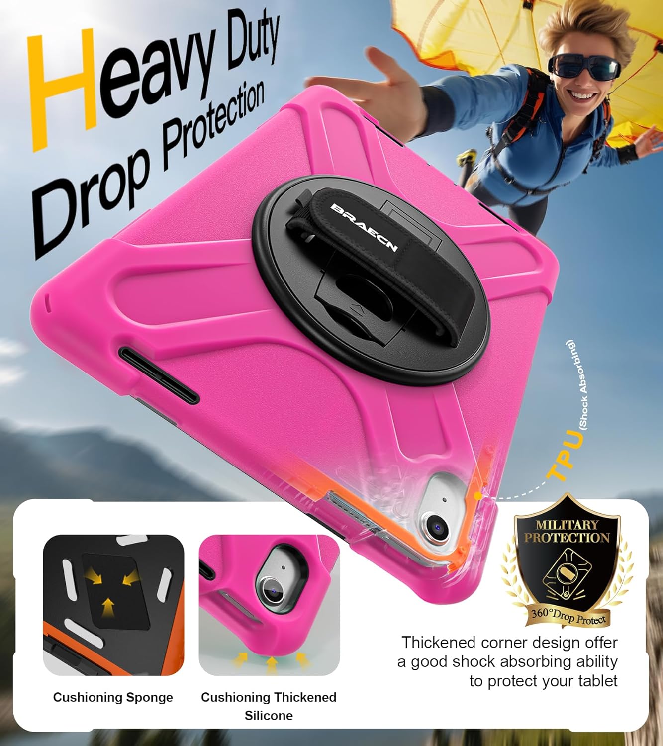 BRAECN for iPad (A16) 11th/10th Generation case 11/10.9 inch 2025/2022 Heavy Duty Shockproof Protective with Pencil Holder Screen Protector 360°Rotating Stand Handle & Shoulder Strap Full Body Cover