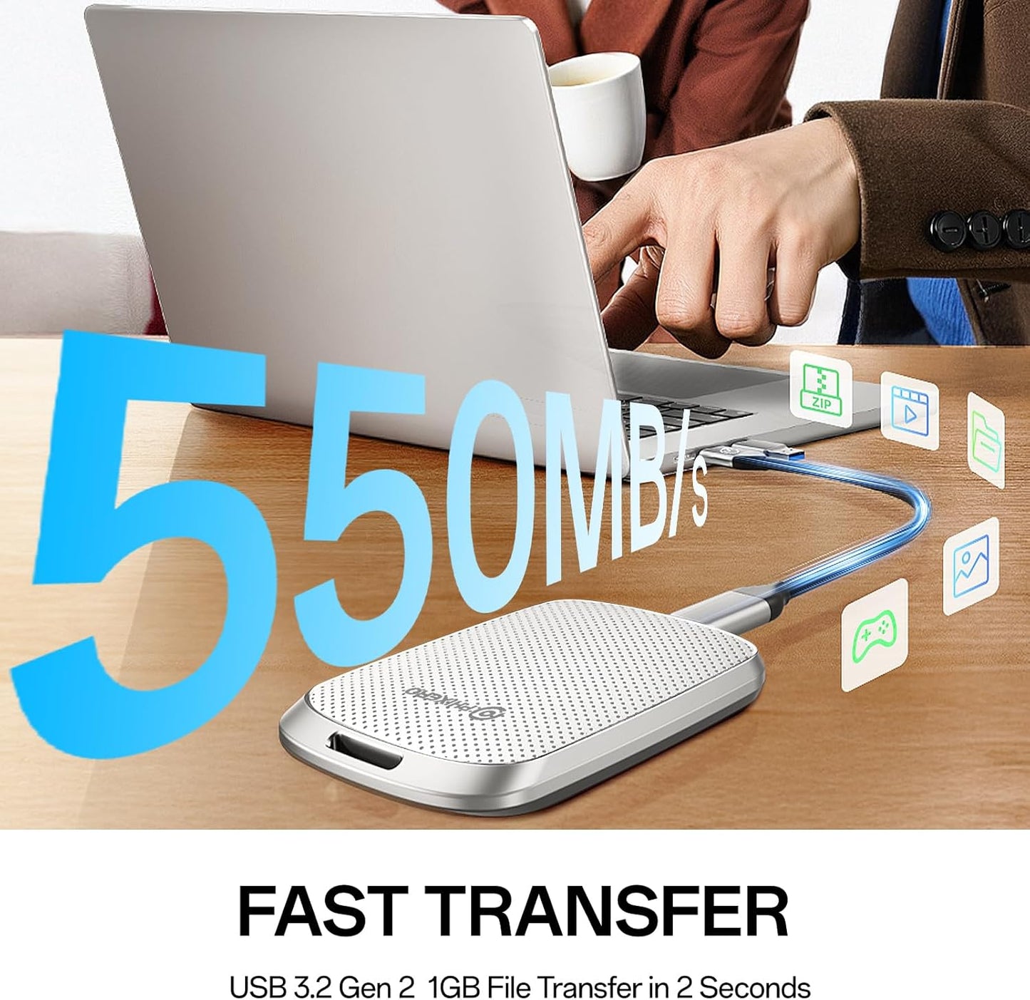 PHIXERO P5PLUS Portable SSD 4TB Up to 550MB/s, USB 3.2 Gen 2 External Solid State Drive，USB C to C&A for Smartphone，Tablet，PC，Labtop (White)