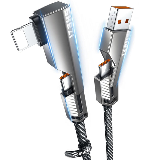 4-in-1 USB C Cable 5FT Compatible with Lightning Cable 90 Degree Fast Charging Flat Nylon Braided for iPhone/iPad Charger Cord Multi Charge Cord with L/USB C/USB A Ports, Grey