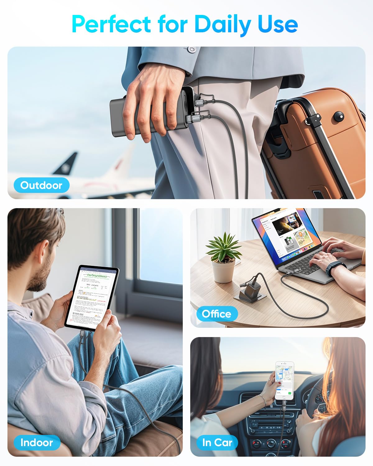 SUNGUY 4 in 1 Charging Cable 6FT [2 Pack], 60W Multi Charging Cable, USB-C/A to Lighting/C Cord for iPhone 16/15/14 Pro/iPad/MacBook/Samsung Galaxy S25/S24/Tablets