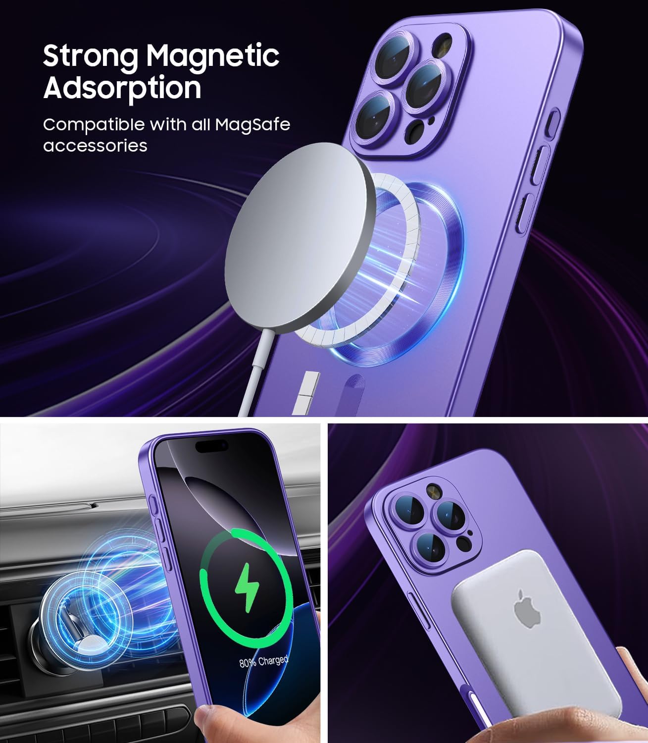 Magnetic for iPhone 16 Pro Case [Compatible with MagSafe][Built-in Camera Lens Protector] Slim Soft Silicone Bumper Shockproof Metallic Luster Phone Case (Purple)