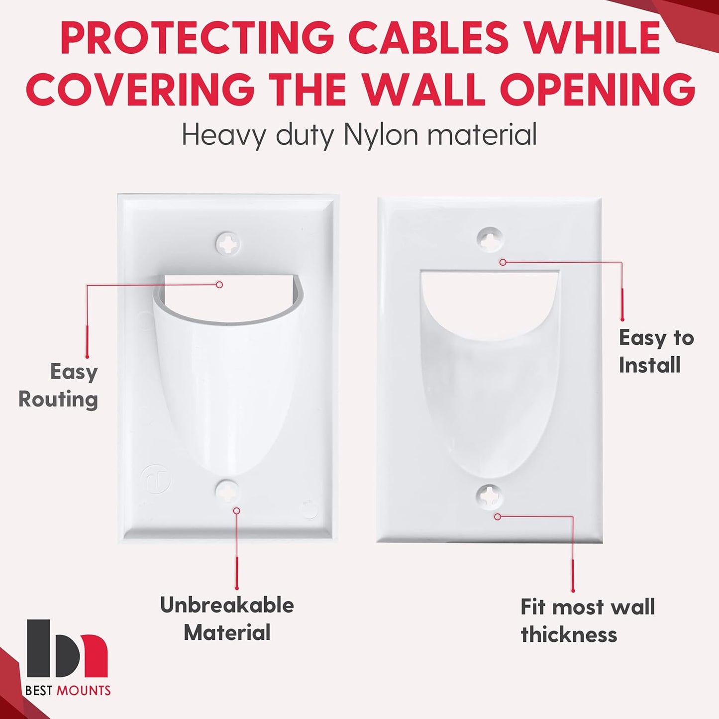 BestMounts - 288 Pack Inner Nose Behind Wall Cable Management TV Cord Hider for Wall Mounted TV - Single Gang Low Voltage Recessed Wall Plates Cable Pass Through for Wires, HDTV, HDMI (White)