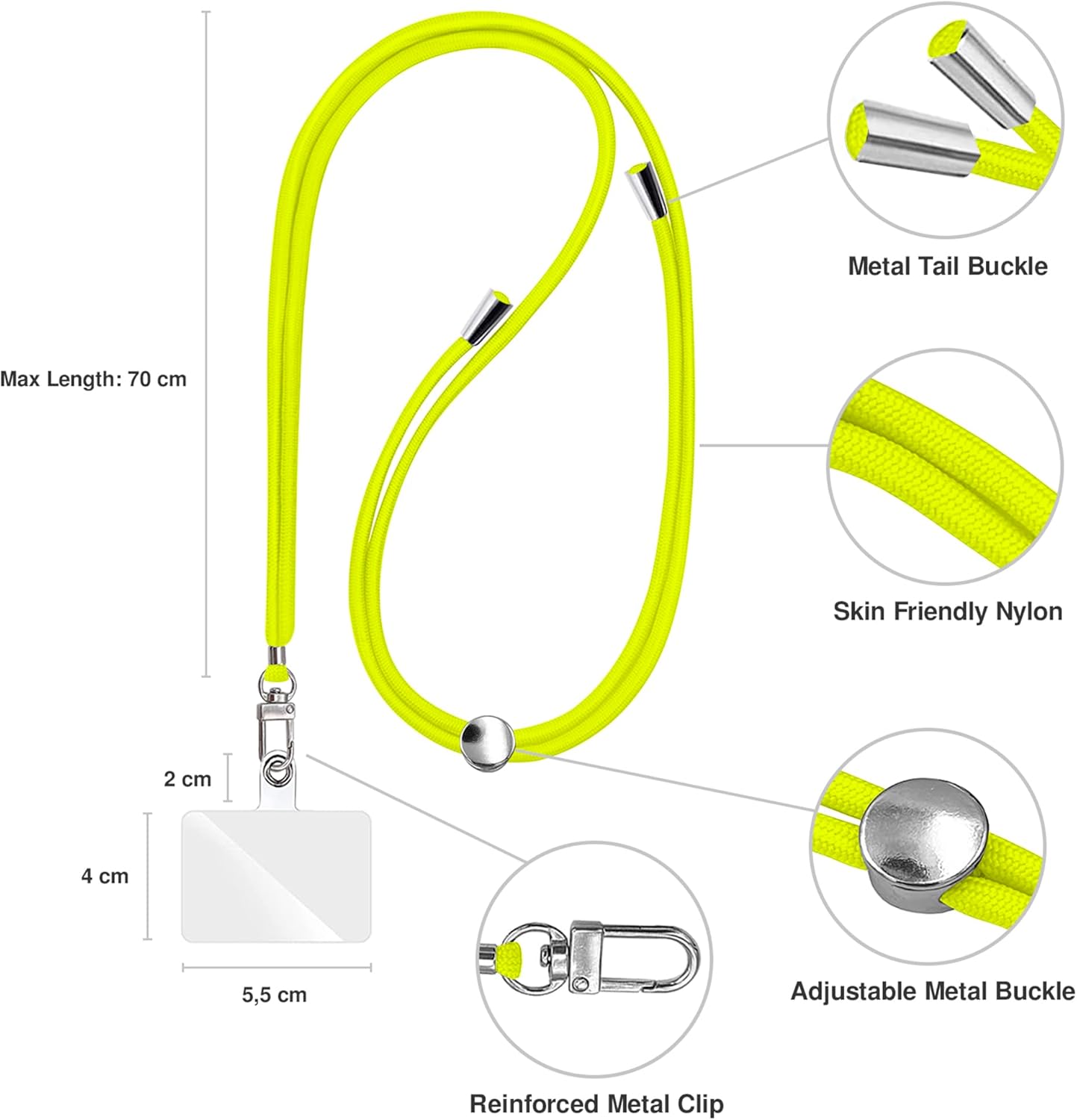 Cell Phone Lanyard [Fluor Yellow] - Comfortable Universal Smartphone Lanyard - Easy to Use Neck Phone Holder [Clear Patch] - Adjustable Length Phone Strap Crossbody - Fits All Mobile Phones