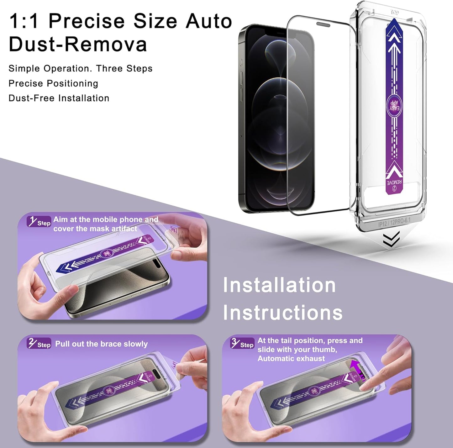 2 Pack Screen Protector for iPhone 12 Pro/iPhon 12, 9H Tempered Glass, Full Coverage, Anti-Fingerprint, Auto Dust-Elimination, No Bubble, Easy Installation