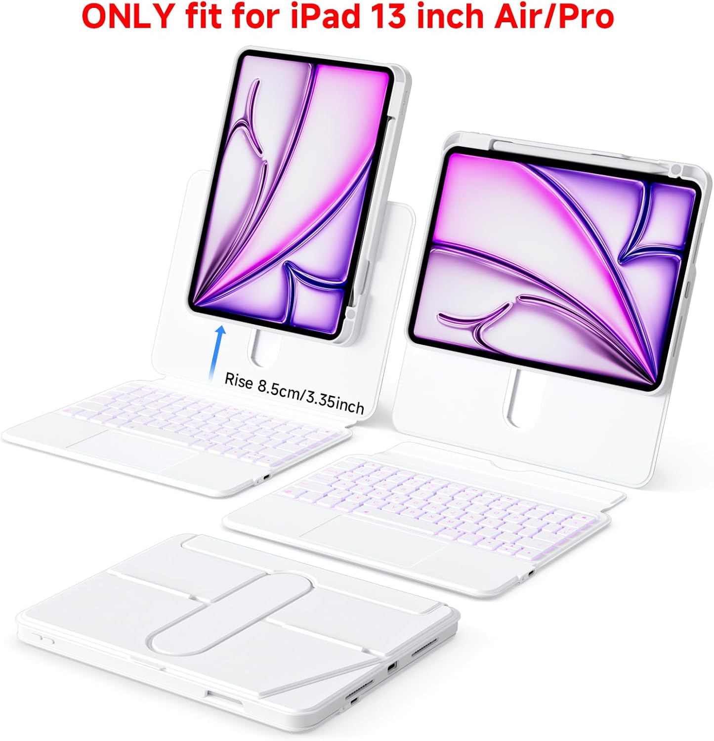 ONLY fit for iPad 12.9 inch Pro 6/5/4/3rd Gen & 13 inch iPad Air (2025 M3, 2024 M2) Case with Detachable Keyboard Trackpad, 360 Rotate Cover Pencil Holder 12 Shortcut Key 7 Color Backlit, White