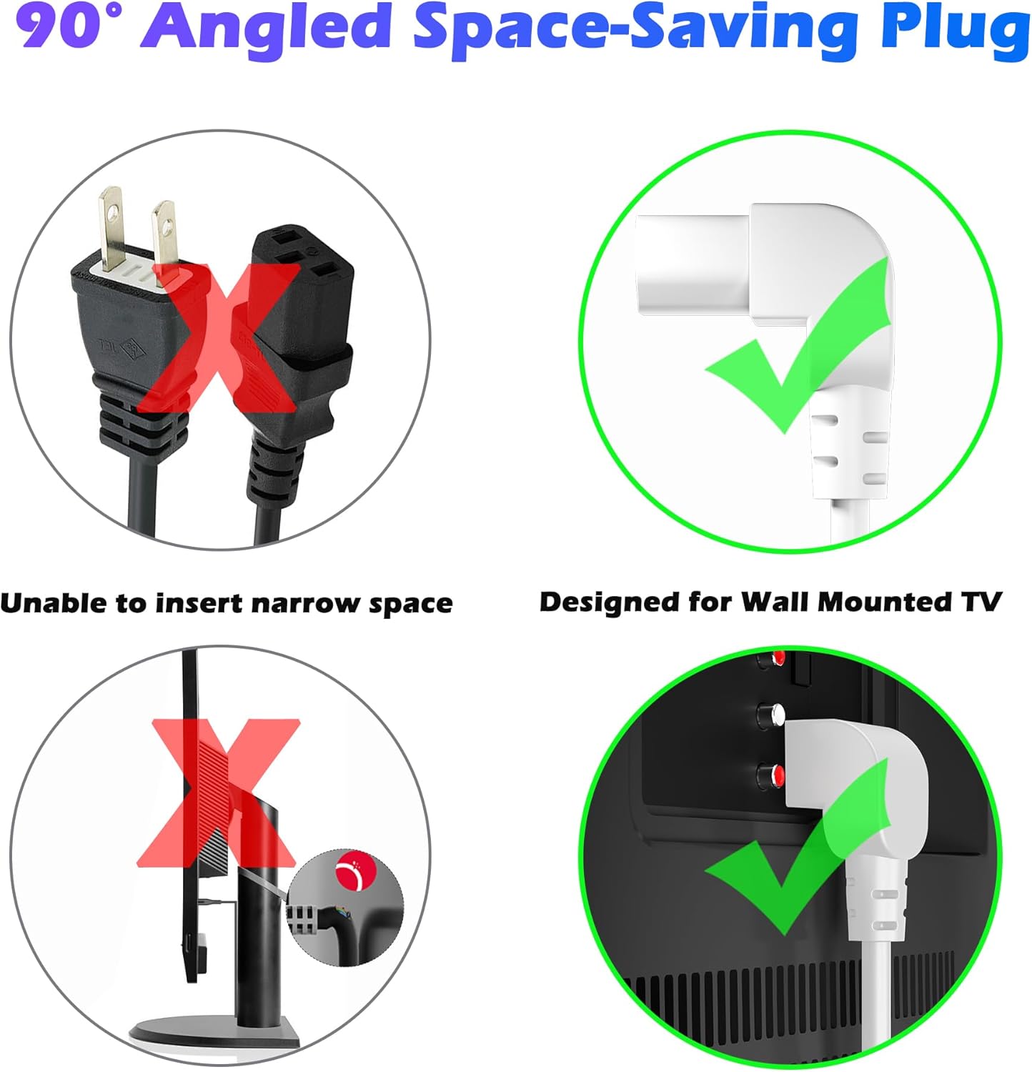 Adoreen 6 Ft Computer TV Replacement Power Cord White, 90 Degree Angled L-Shaped 18AWG 3-Prong AC Universal Power Supply Cable NEMA 5-15P to IEC 320 C13 for Printer, PC, Monitor TV LCD, ETL+Ties