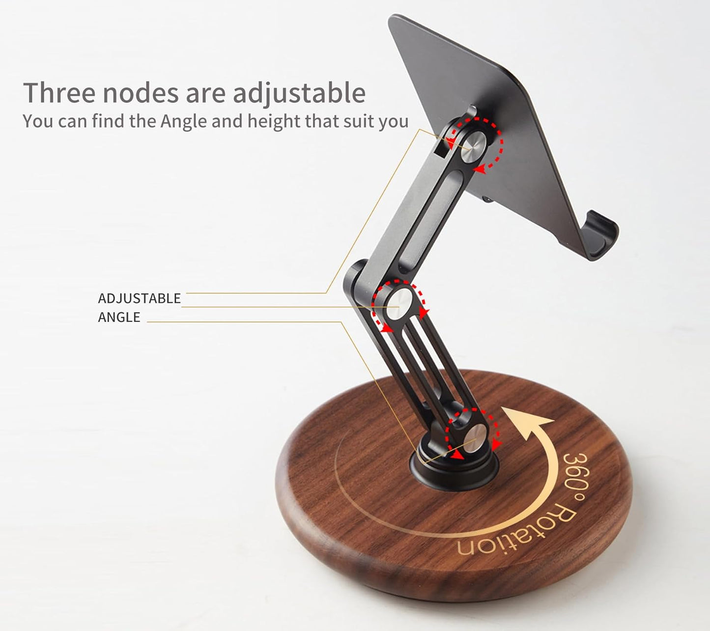 RENMTURE Phone Desk Stand, Adjustable Foldable Cell Phone Stand with 360° Rotation for iPhone 16 15 14 13 Pro ipad, Mobile Phones & Tablets Stable, Ergonomic Holder for Home Office, Walnut Wood Base