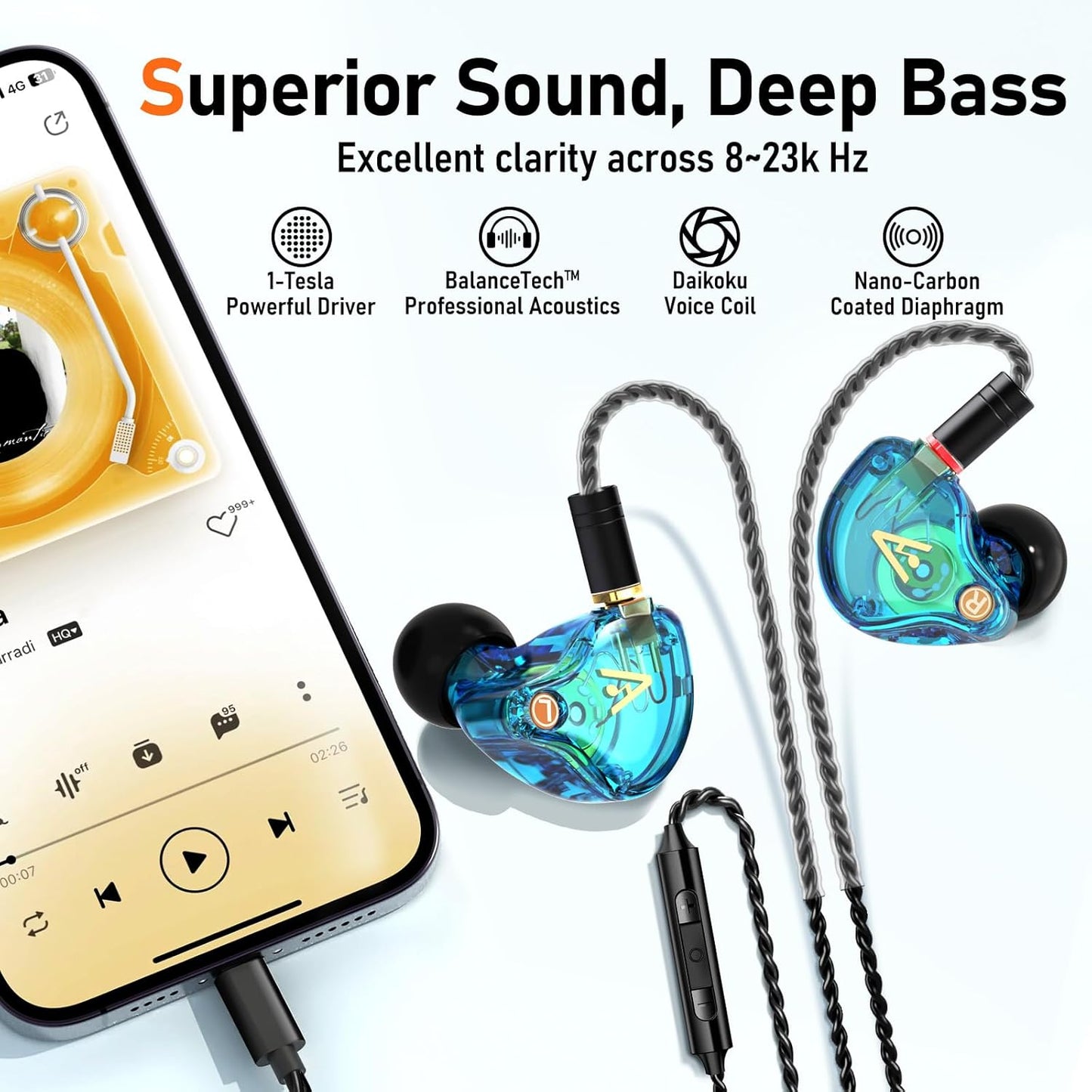 Vibes 202ML Wired Earbuds - HiFi in Ear Headphones for iPhone 5–14, Noise-Isolating Ear Buds w/ Mic - Clear Sound, Deep Bass, Comfort-Fit Earphones - MMCX–Lightning, Silver Plated Cord, Carrying Case