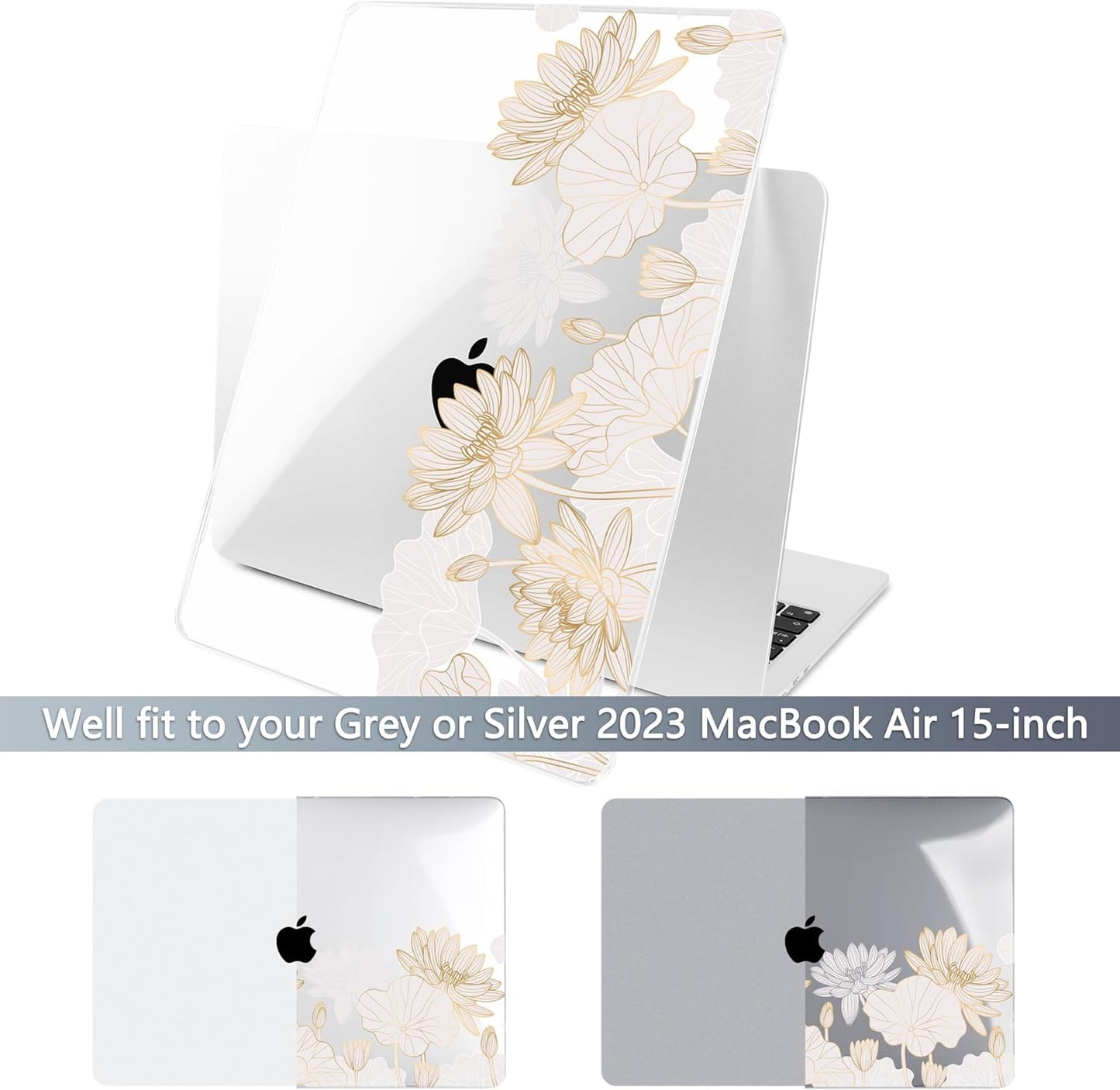 Batianda Premium Case for New MacBook Air 15 inch 2025 M4 2024 2023 with M3 M2 Chip Model A3241/A3114/A2941, Designed Protective Plastic Hardshell & Keyboard Cover & Screen Protector, Gold Lotus