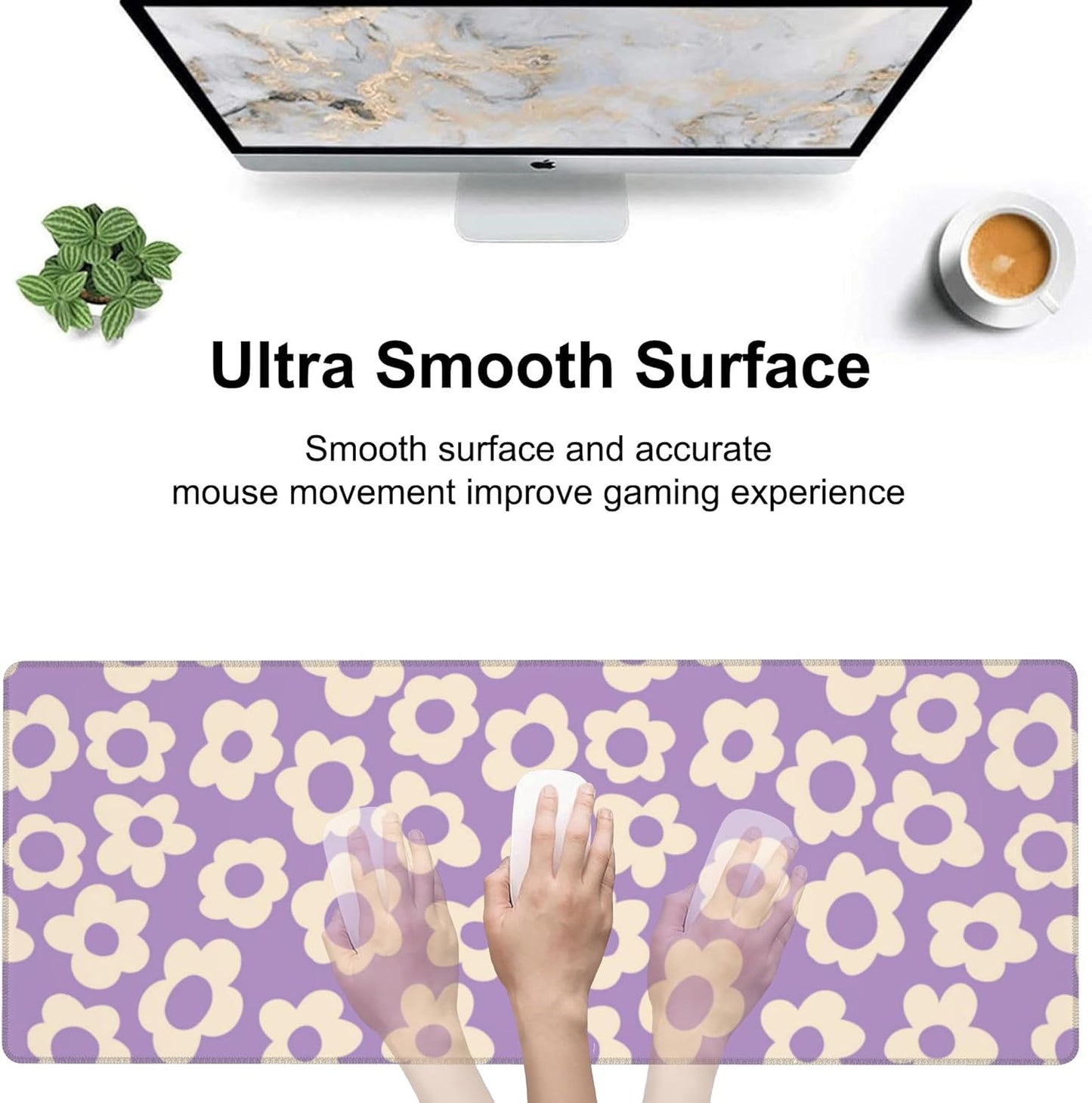 Purple Groovy Flowers Desk Mat,Large Vintage Floral Gaming Keyboard Mouse Pad,Non-Slip Rubber Base Desk Pad Thick Stitched Edges Waterproof Mousepad Mouse Mat 31.5"x11.8"