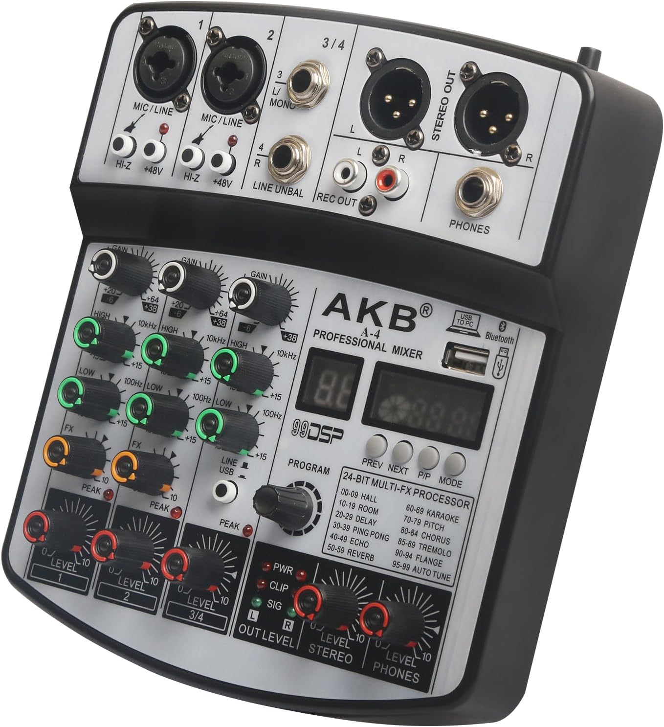 Dj Mixers 4 Channel Audio Mixer Sound Board with Bluetooth, Usb Audio Interface with 48V Phantom Power Sounds Mixer Board with 99 DSP FX Reverb Delay Effect