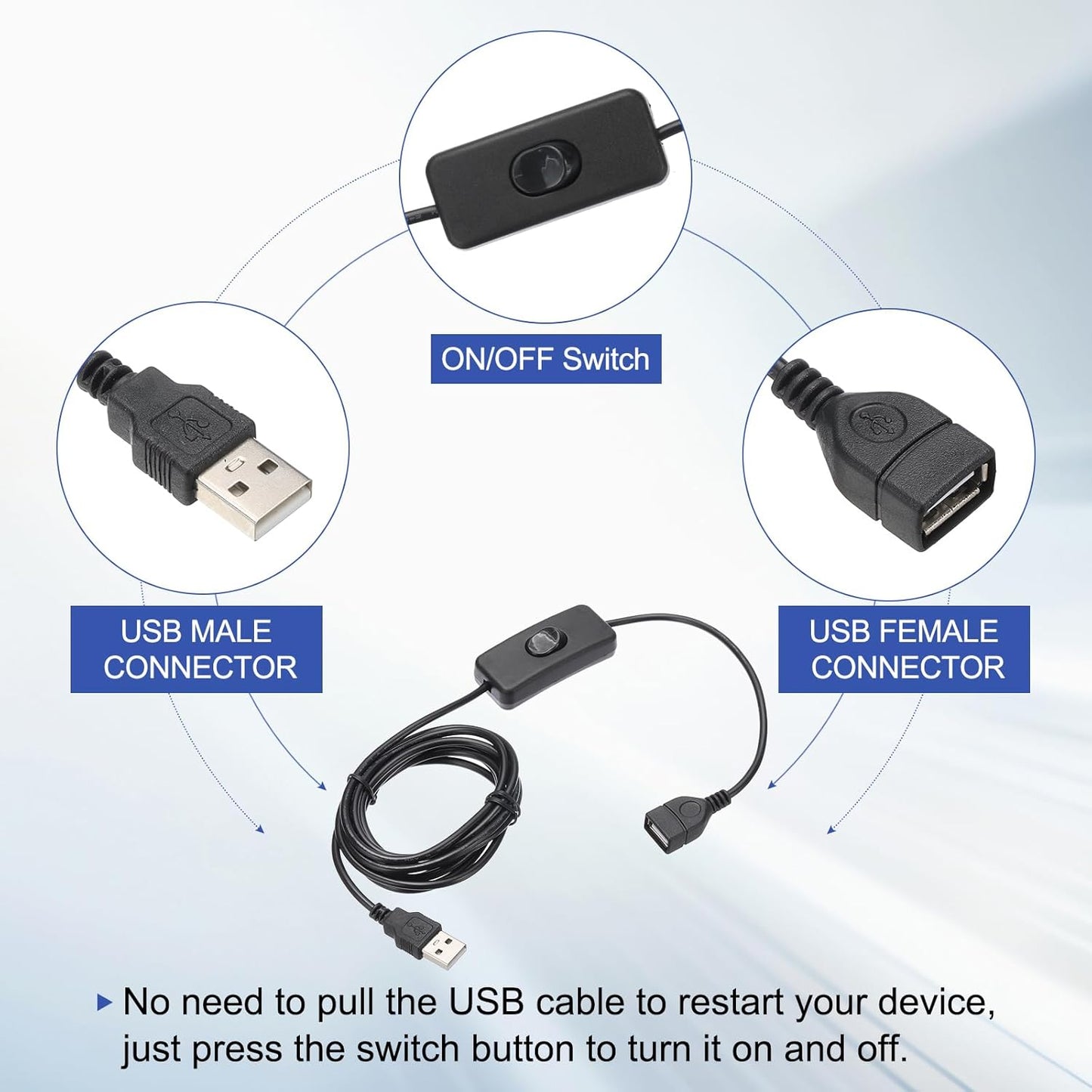 MECCANIXITY USB Extension Cable with ON/Off Toggle Switch 2m USB Male to Female Extension Cord for Desk Lamp Fan LED Light Strip Black Pack of 1