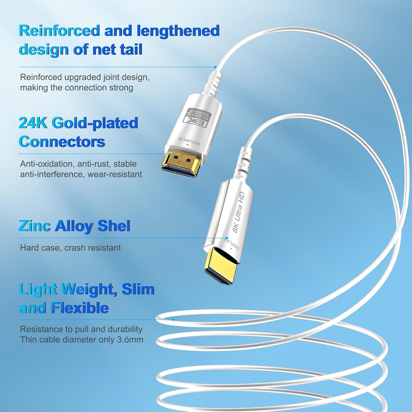 8K Fiber Optic HDMI Cable 10 FT, 8K@60Hz 4K@240Hz, Thin Extra Long HDMI Cable 48Gbps Ultra High Speed, Dynamic HDR, eARC, HDCP 2.2&2.3, 3D, Compatible for PS4/5/Xbox/TV/Laptop/Monitor