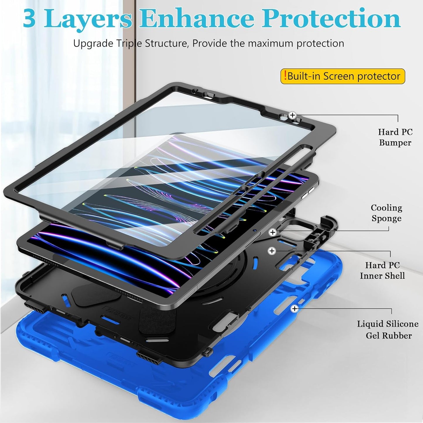 Case for iPad Pro 11 Inch 2022/2021/ 2020/2018: Silicone Cover for iPad 11 Inch 4th/ 3rd/ 2nd/ 1st/ Generation with Screen Protector- Stand- Handle- Shoulder Strap- Pencil Holder- Blue