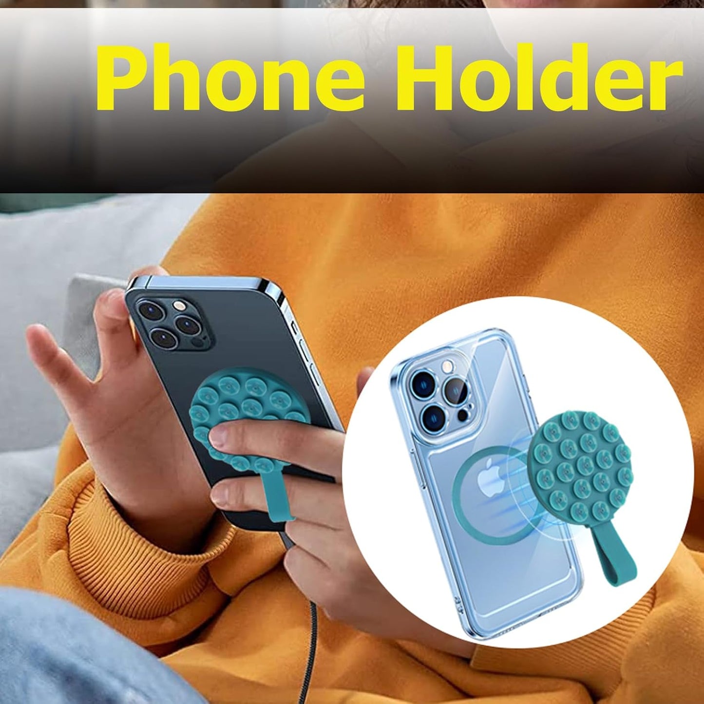 Magnetic Suction Cup Phone Mount, Silicone Suction Stand Holder, Compatible with iPhone MagSafe Phone Case, Hands-Free Mirror Shower Phone Holder Accessory for TikTok Videos, Teal Green