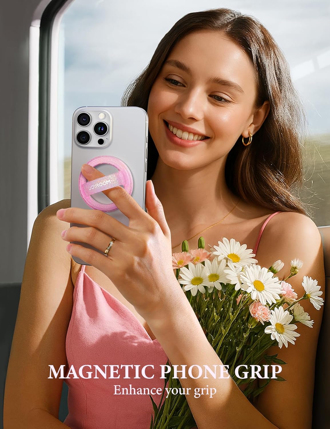 JOYROOM Magnetic Phone Grip, Silicone Finger Loop Grip [Stylish Twinkle][Glitter] Phone Grip for Magsafe, for iPhone 16 Pro Max/15 Pro Max/14/13/12 Series, Pink