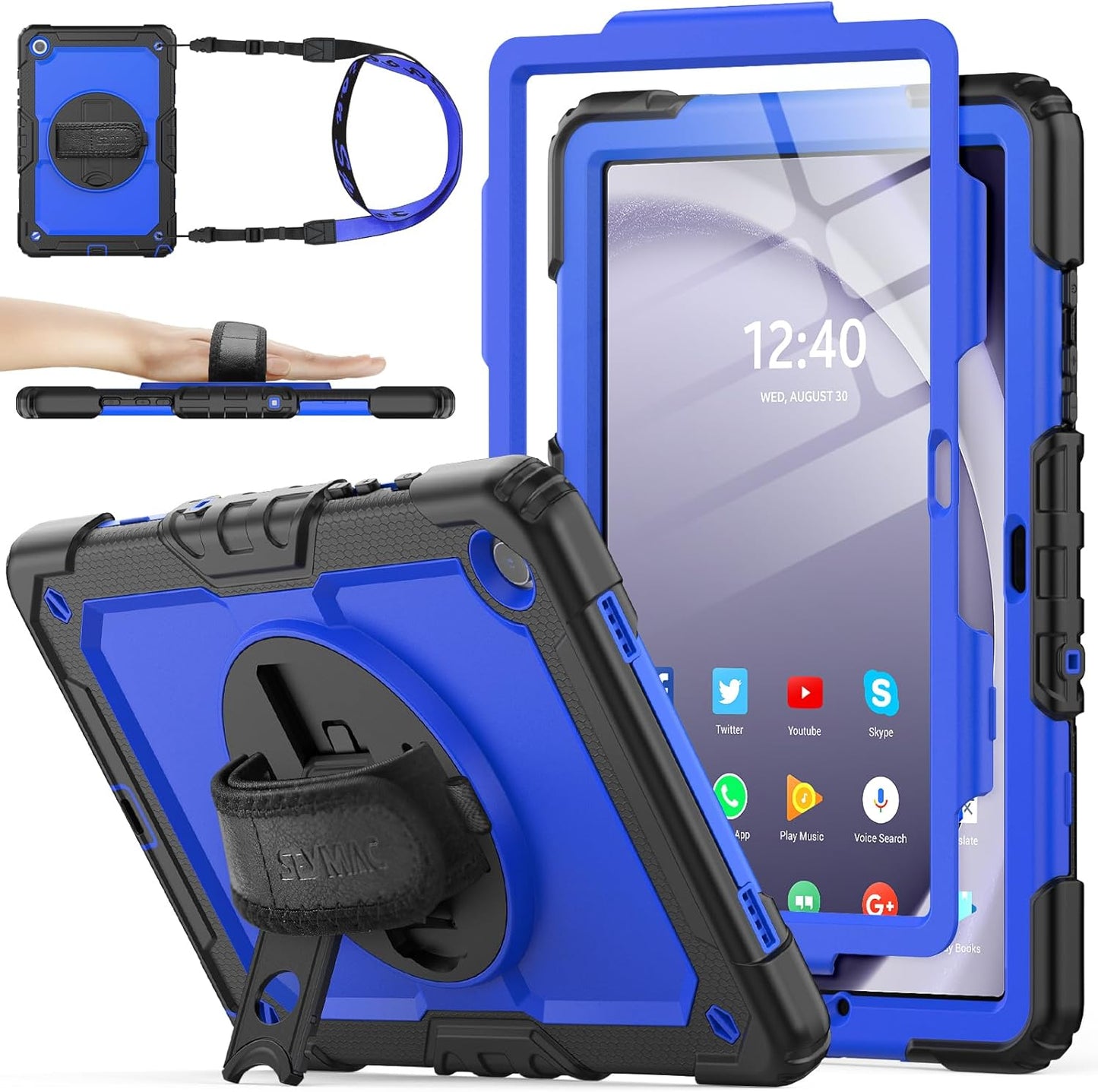 SEYMAC stock Case for Samsung Galaxy Tab A9+ Plus 11'', Full-Body Drop Protection Case with Screen Protector Pencil Holder [360° Rotating Hand Strap] &Stand, Blue+Black