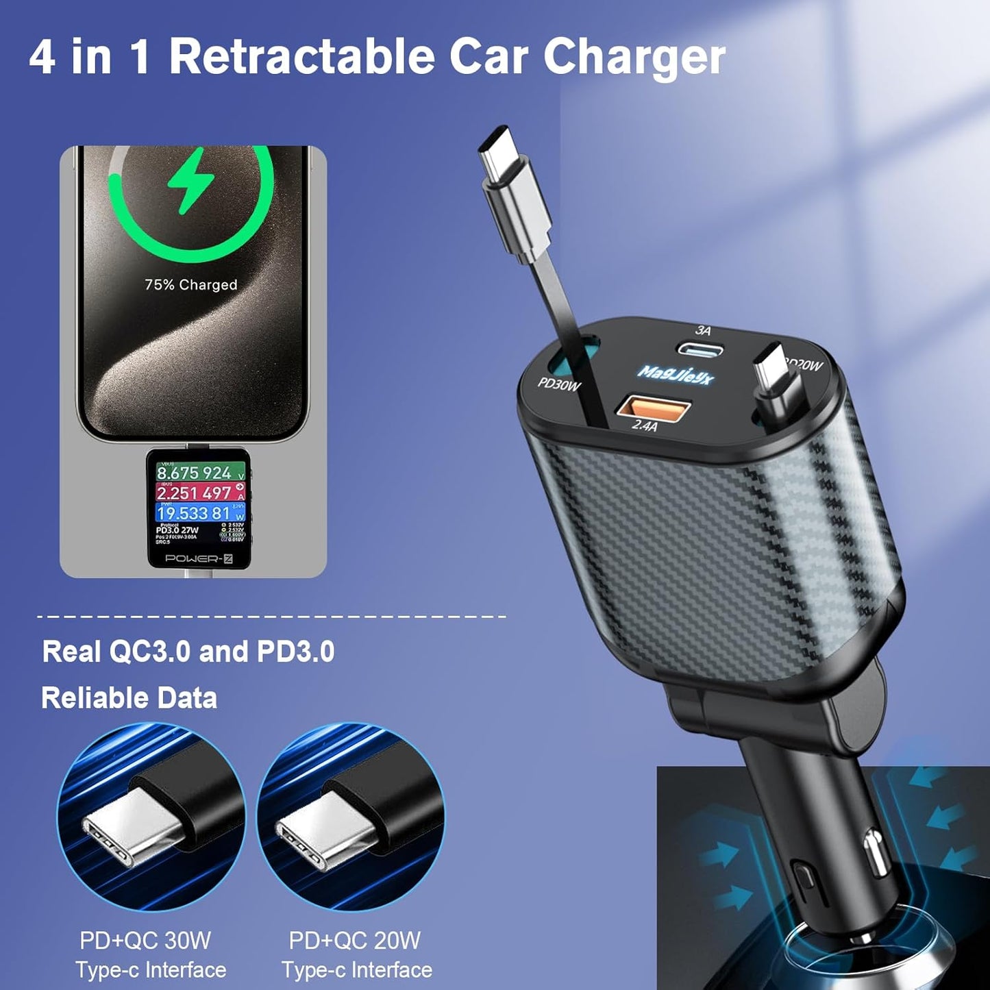 Retractable Car Charger for 4 in 1 Fast Charging Max 80W【ONLY 2 Type-C Charging Cable】 for iPhone16 15/Galaxy,USB-A/C Port for iPhone16/15/14/13/Pro Max Plus,iPad,AirPods,PD 3.0 Cord