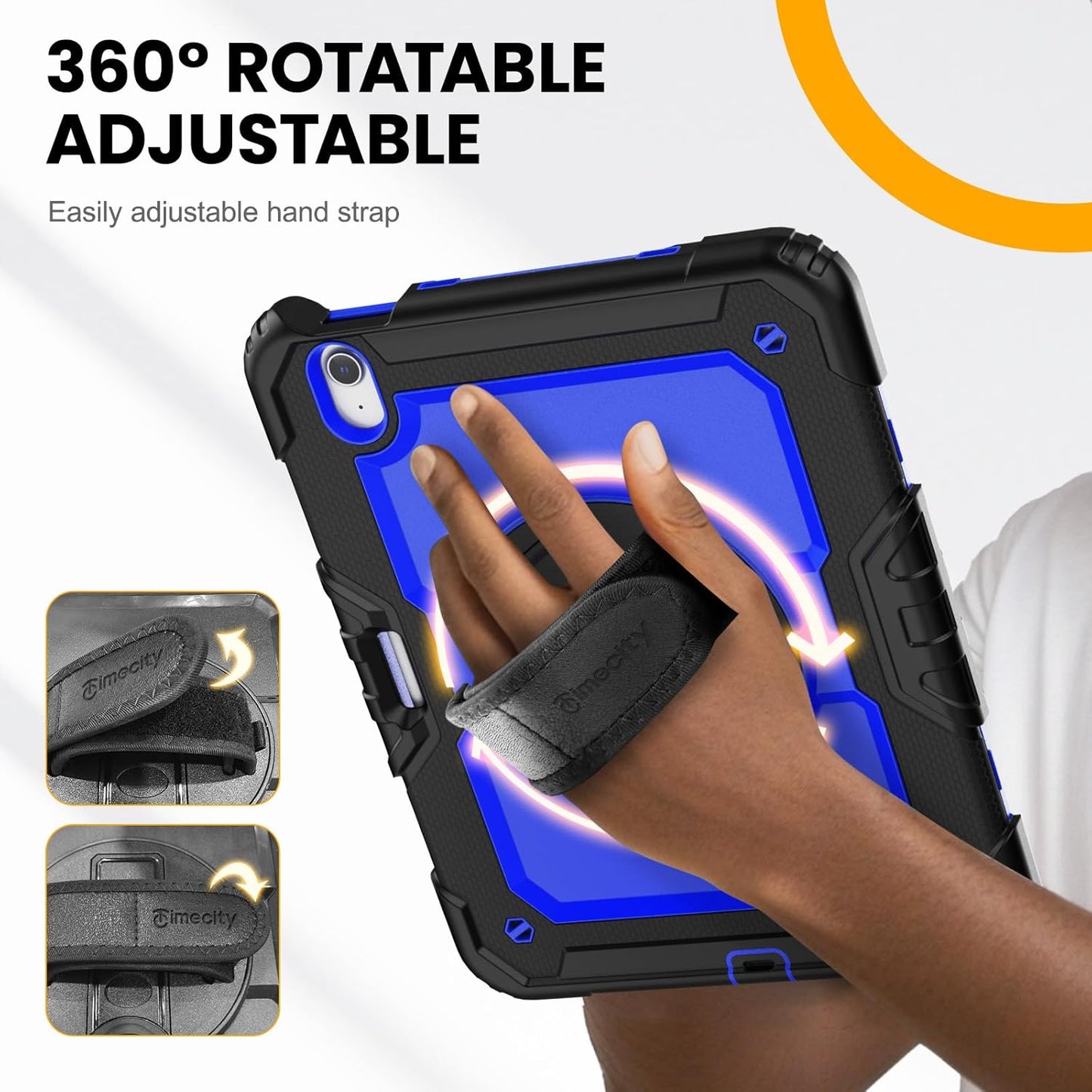 timecity Case for iPad Air 11 Inch M3/ M2 (2025/2024), 360° Rotating Stand, Pencil Holder & Wireless Charging, Shockproof with Screen Protector & Shoulder Strap - for Designers, Dark Blue