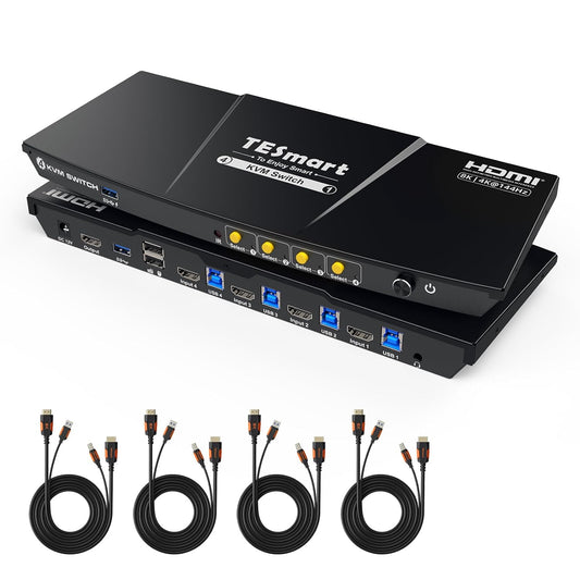 TESmart 8K@60Hz HDMI KVM Switch 1 Monitor 4 Computers USB 3.0, KVM Switch 4 Port 4K@144Hz for Gaming, Custom Hotkey Switch, EDID, Audio&Microphone, ADI Chip and All Input Cables