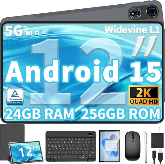 12 Inch Tablet Android 15 Tablets, 2025 Upgraded Android Tablet with Keyboard, 24GB RAM+256GB ROM(1TB Expand), Octa-Core, 2K 2000x1200 Display, 16MP Dual Camera, 8000mAh, 2.4G/5G WiFi, GPS (Silver）