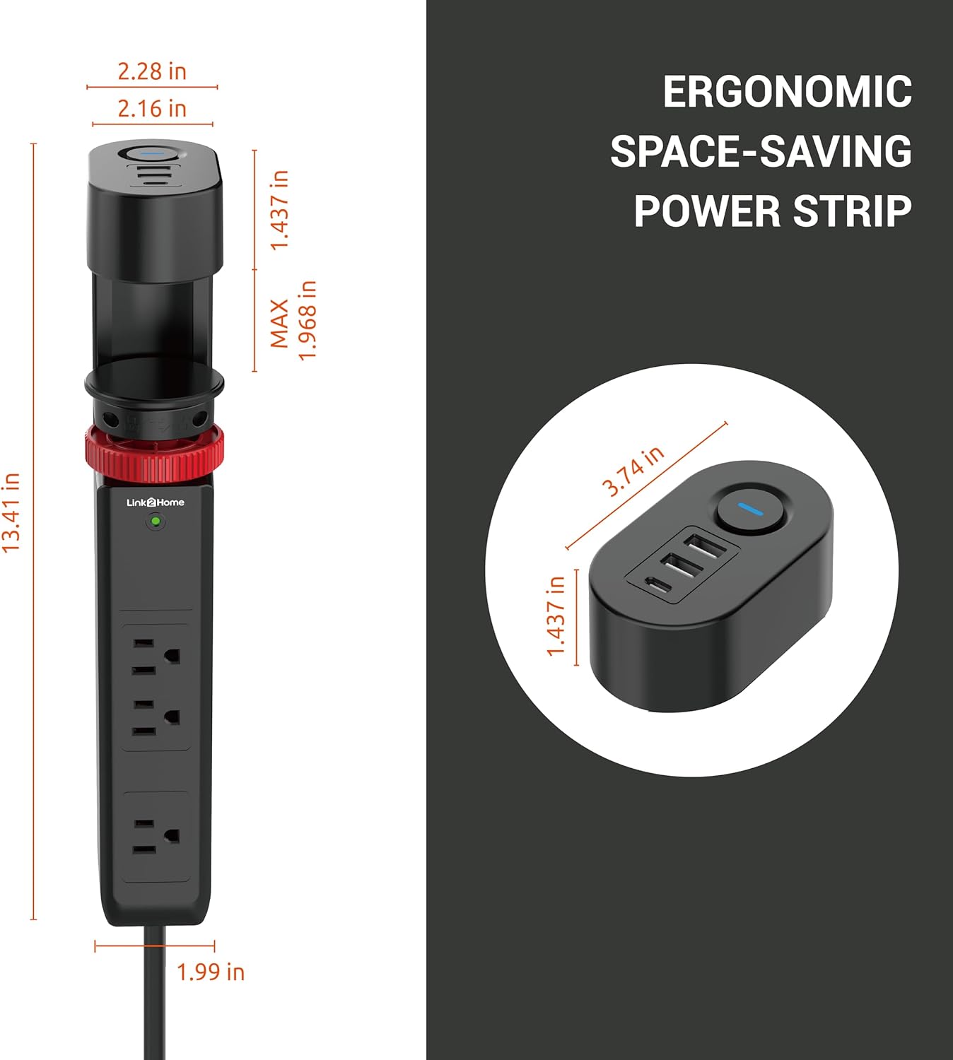 Link2Home Clamp-On Desk Power Strip with 3 Outlets, 3 USB Ports (20W PD Type-C), 6 Ft. Cord, Overload Protection, No Installation Required