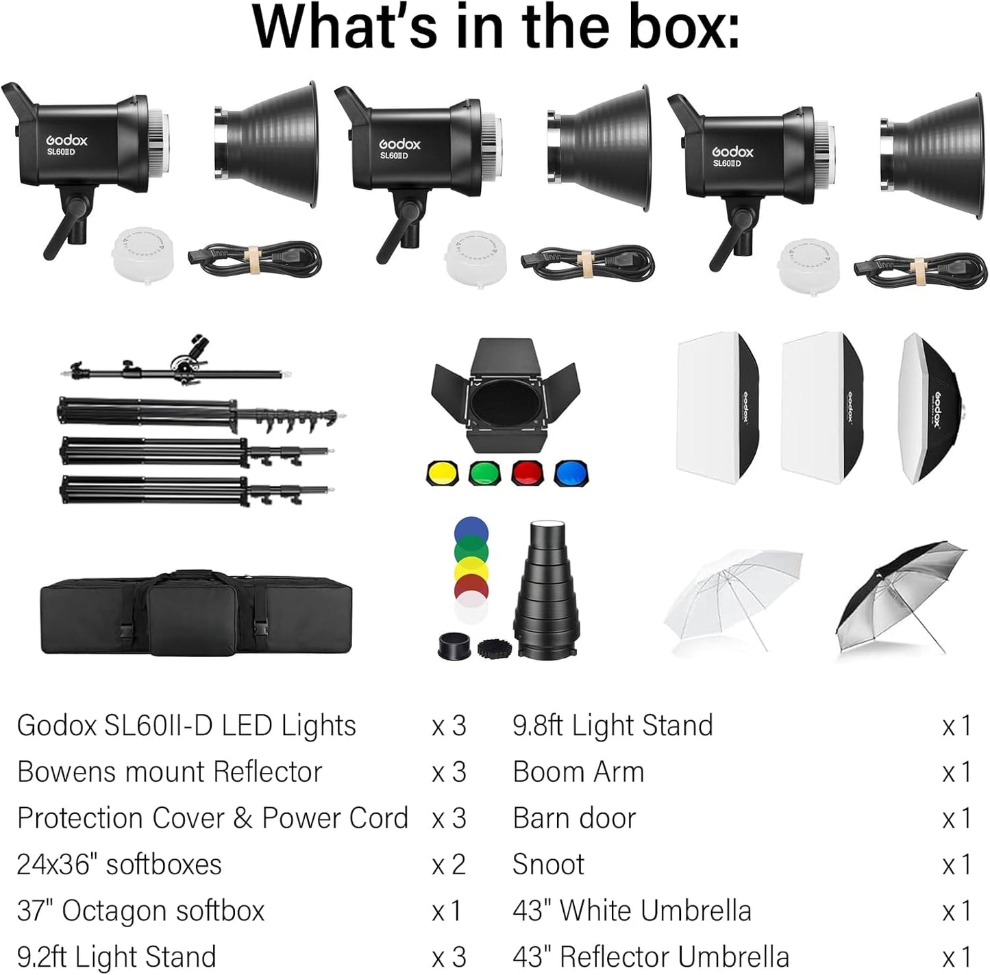 Godox SL60IID Softbox Lighting Kit Professional Studio Equipment with Softbox, SL60II-D 75W LED Video Light 3-Light Kit with APP control, Reflector, light stand, Boom Arm for Portrait Product Shooting