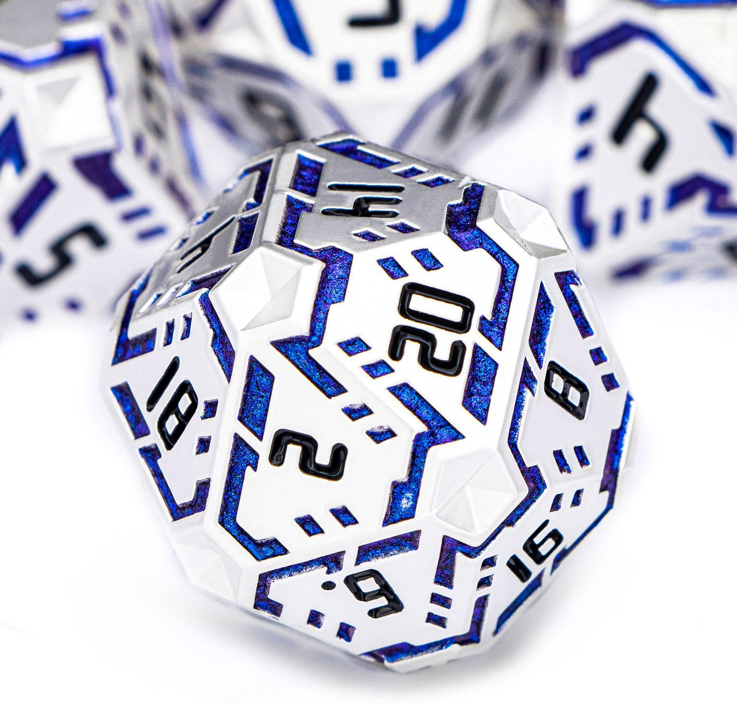 Metal DND Sci-fi Dice Set 7PCS Stripe Polyhedral Dice for Dungeons Dragons RPG Role Playing Game, Glitter D and D Dice with Gift Box D6 D8 D10 D12 D20 (Silver Blue)