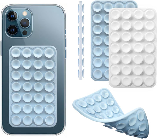 Silicone Double-Sided Suction Phone Grip Detachable Mount - Car Dashboard/Shower Phone Holder, Hands-Free For Selfies & Videos, TikTok/ASMR - iphone & Android Compatible (3.74"x2.2", White+Baby Blue)