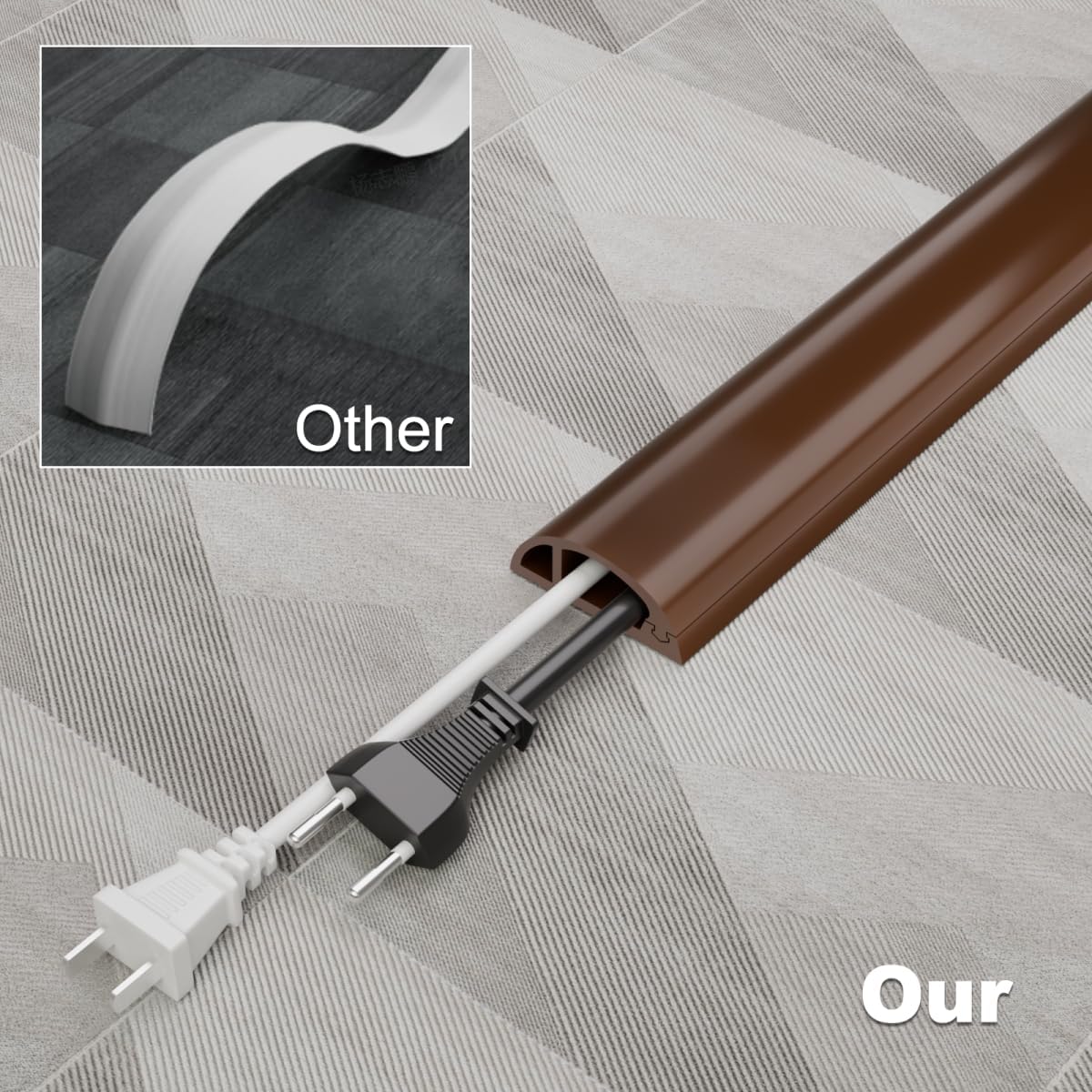 4FT Side-Open Extension Cord Covers for Wires on Floor,Silicone Power Cable Protector Cord Hider Management Strip,Hide Electric Wire on Carpet,Chord Runner Protective Safety Wiremold,Brown
