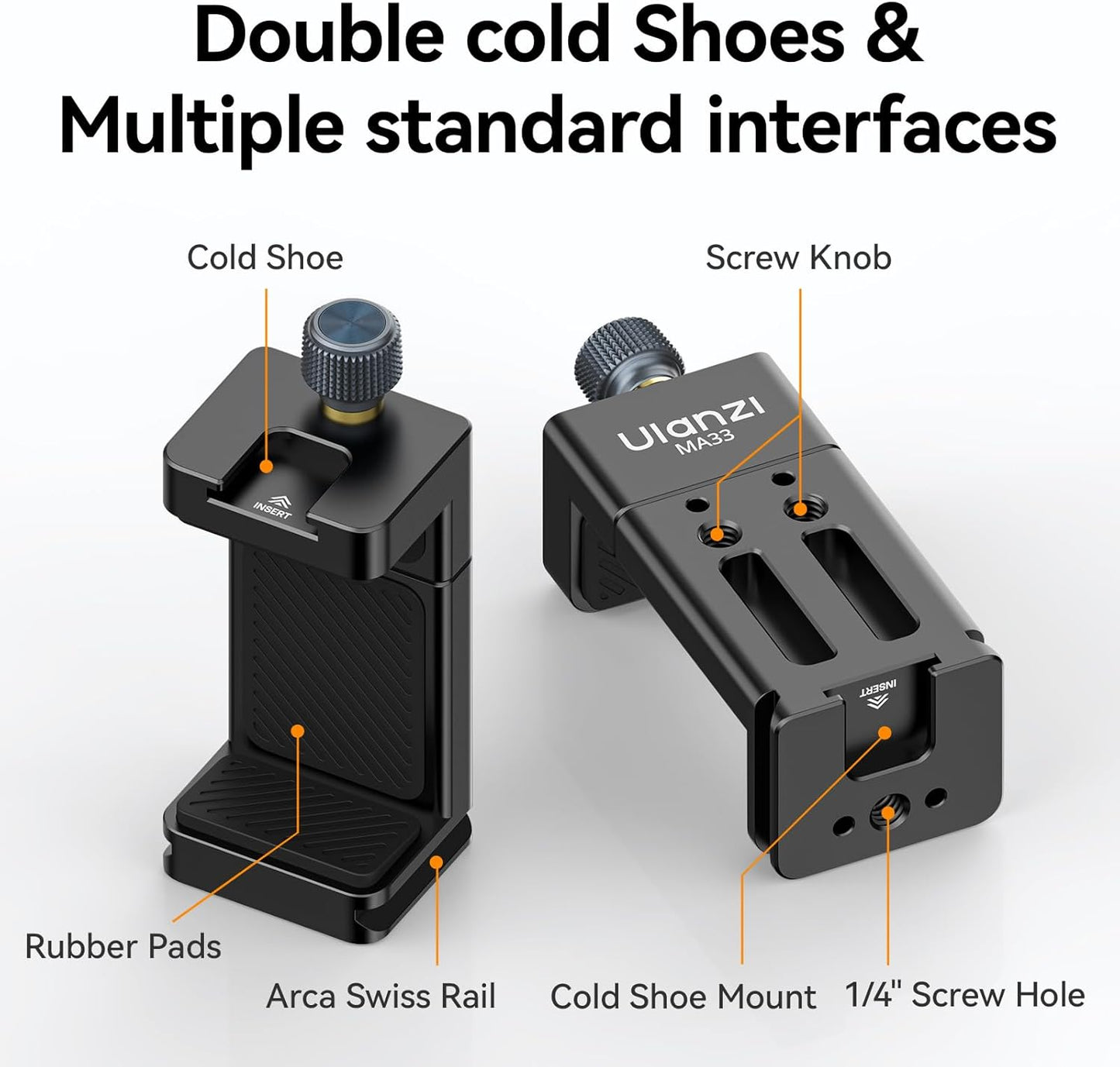 ULANZI MA33 Metal Phone Tripod Mount with Arca Port & 2 Cold Shoes, 360° Adjustable Smartphone Tripod Adapter Cell Phone Stand Holder Phone Clamp Suitable for iPhone 15 pro/14/13/12/Samsung