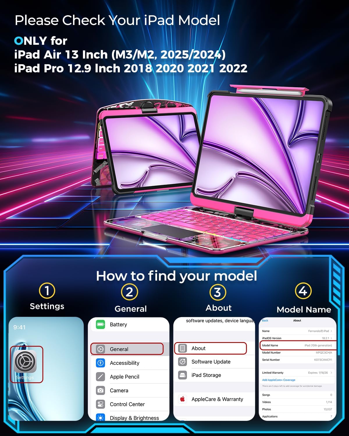 SIEBITU Clear Wireless Keyboard Case for iPad Air 13-inch (M3 2025/M2 2024) & iPad Pro 12.9-inch 6th 5th 4th 3rd Gen with Pencil Holder, Multi-Touch Trackpad & 7-Color Backlit, 360°Rotating, Pink