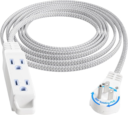 SURAIELEC 10FT 360° Rotating Flat Plug Extension Cord Flat Wall Plug with 3 Outlets, Braided Flat White Extension Cord for Indoor Use, Home, Office, 16/3C SPT, ETL Listed