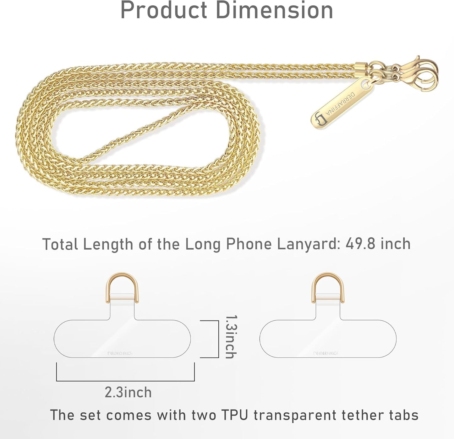 Metal Phone Chain, Crossbody Detachable Phone Lanyard with 1*Wrist Strap & 2* Tether Tabs for iPhone and Smartphones (Gold,Long)