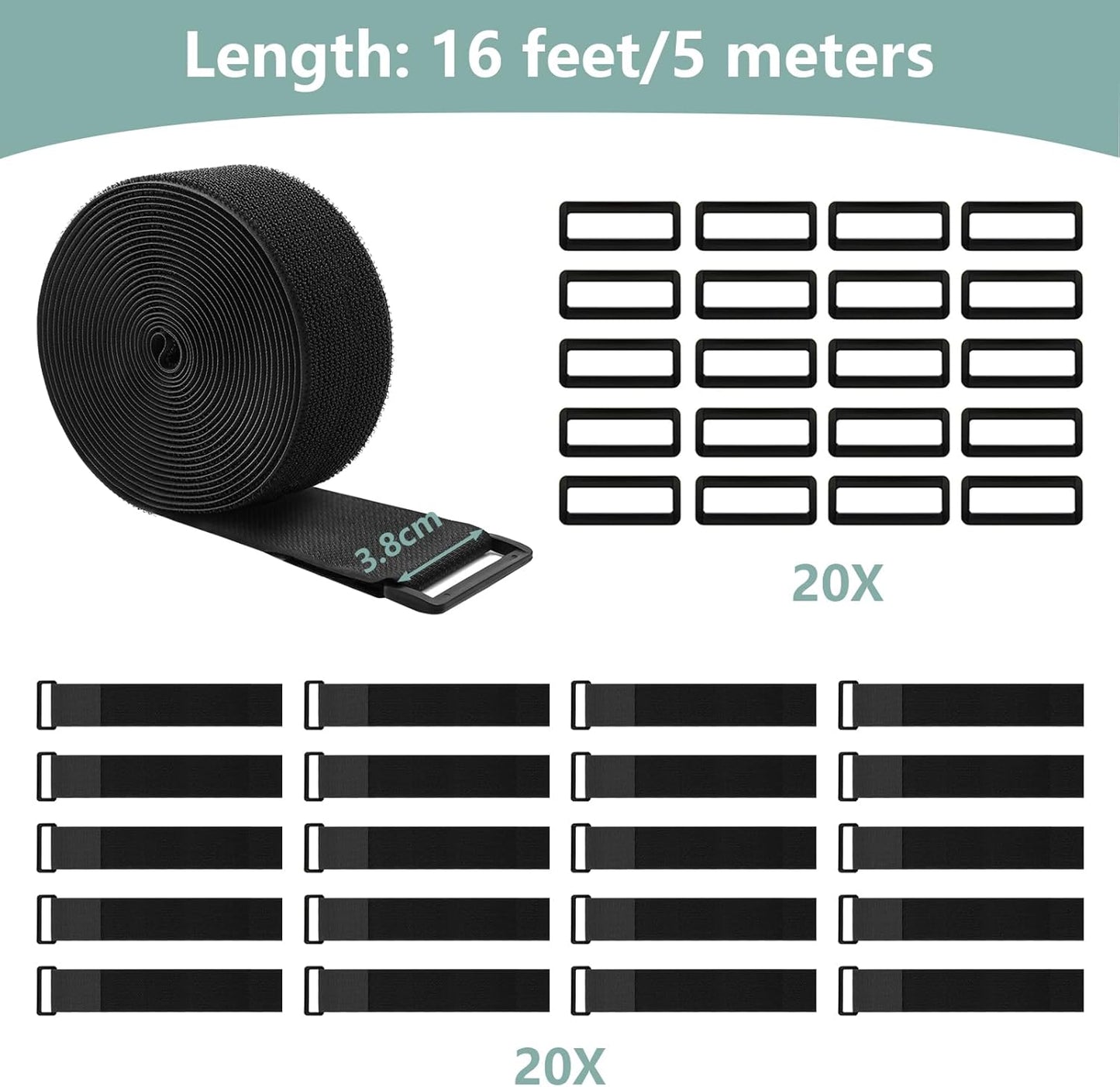 1.5In x 16Ft Cinch Straps Heavy Duty With 20 Buckles, Black Nylon Hook and Loop Straps, Reusable Long Cable Ties for Organizer or Storage