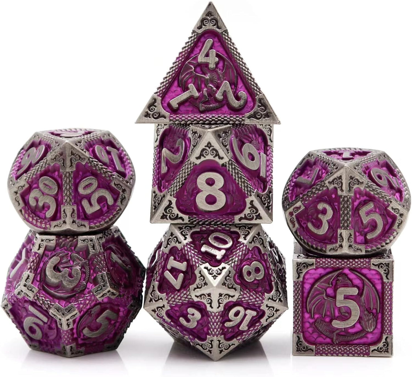 PJOY Metal DND Dice Set with Dice Case Antique Silver Purple Dragon D&D Polyhedral Dice for RPG Role Playing Games Compatible with Dungeons and Dragons TTRPG Gifts