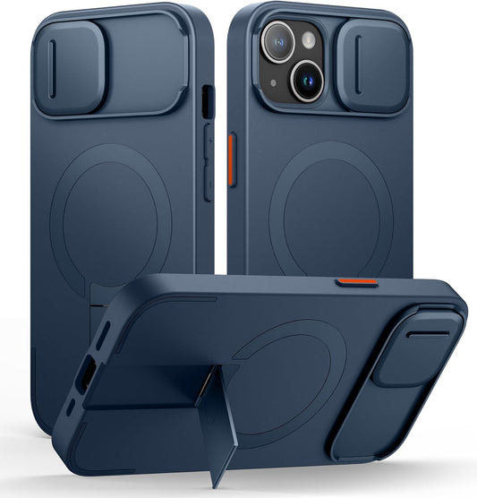 SURITCH for iPhone 15 Case with Magnetic Camera Slide Cover and Adjustable Kickstand, Compatible with MagSafe, Shockproof Bumper Case Slim Protective Cover 6.1 Inch, Blue