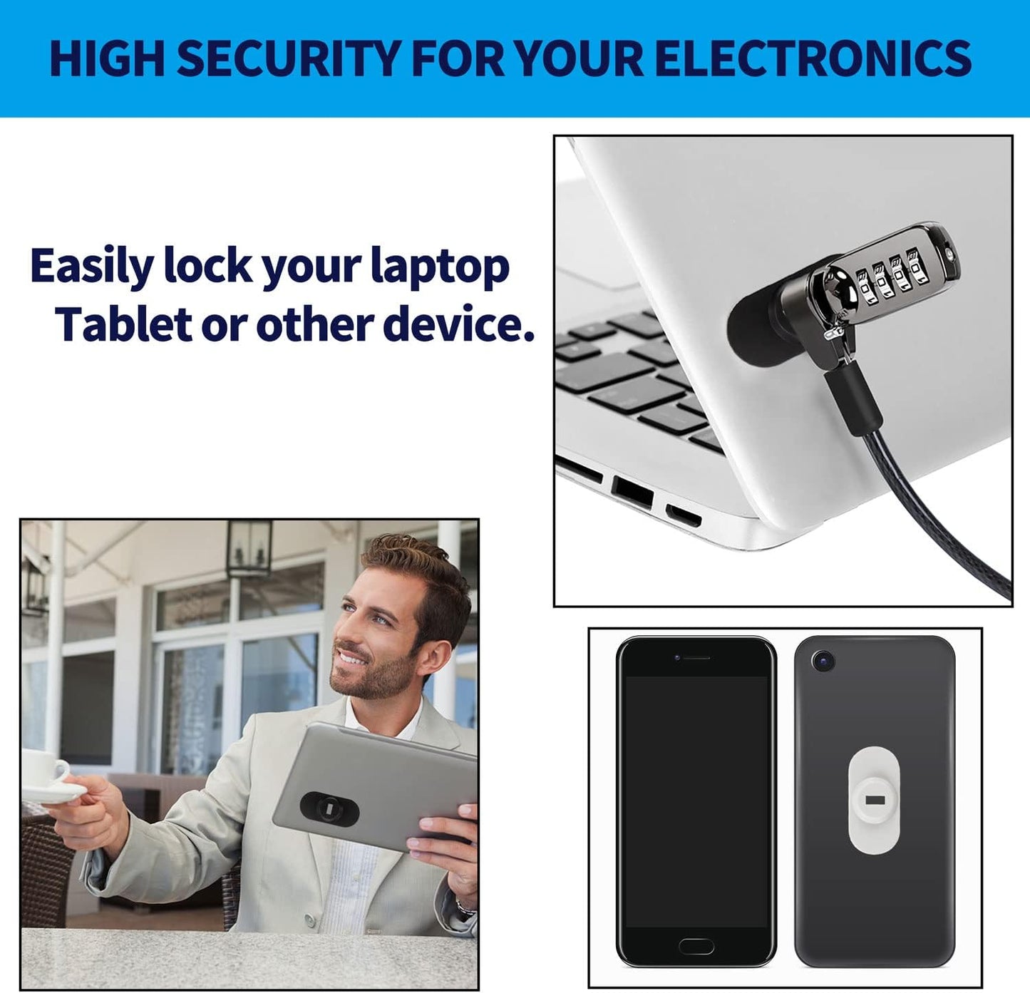 5Pack Anti Theft Self-Adhesive Security Plate with Slot for Cables to Lock Down Laptops, Mac Book, Tablets, iPad, or Other Computer (Black)