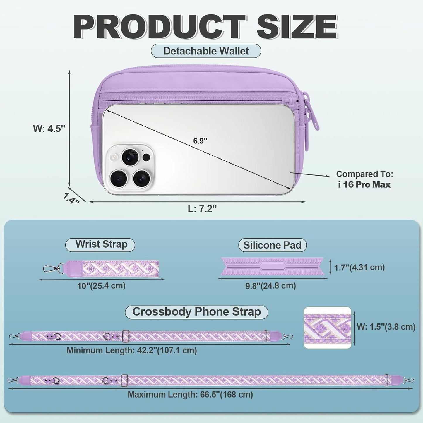 Clip and Go Strap for Phone with Wallet Crossbody, Adjustable Phone Lanyard with Detachable RFID Wristlet Wallet, Pattern Strap - Purple (L)