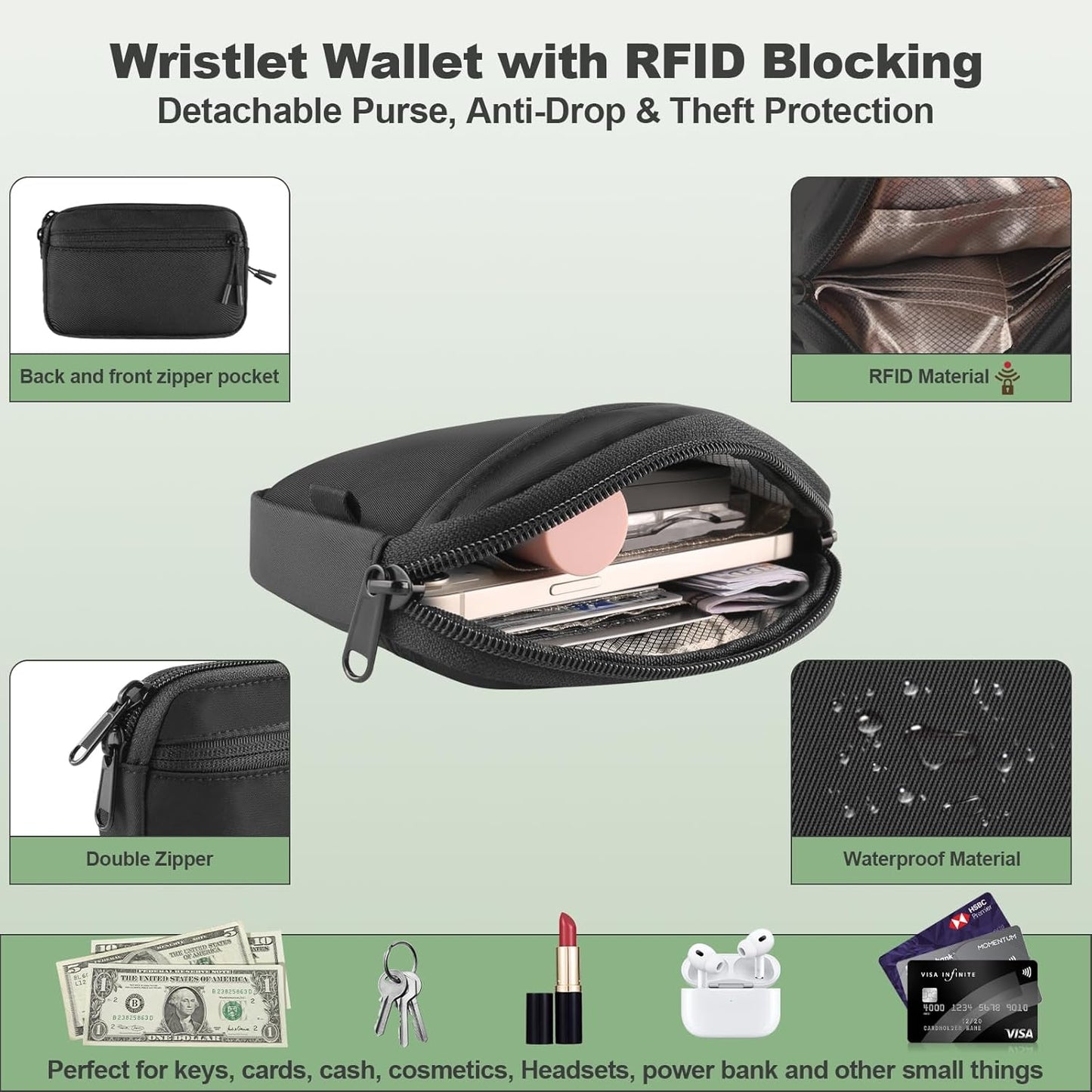 Clip and Go Strap for Phone with Wallet Crossbody, Adjustable Phone Lanyard with Detachable RFID Wristlet Wallet, Universal Phone Strap with 360° Rotatable Phone Tabs for All Phones (Black)