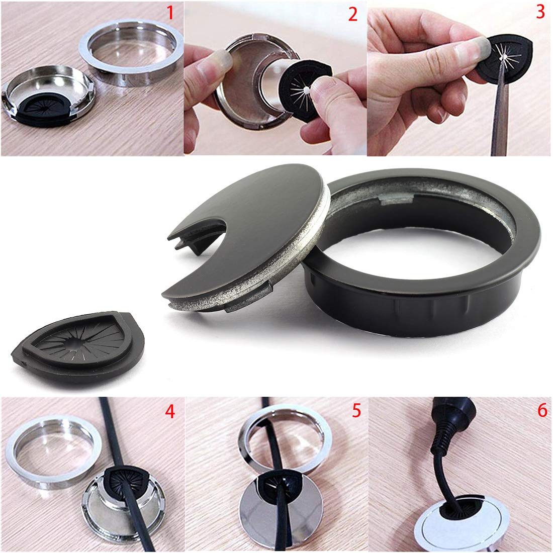 HJ Garden 1pc 2 inch (50mm) Metal Desk Grommets for Managing and Hiding Wire Cord Cable Hole Cover Office PC Desk Cable Cord Organizer Zinc Alloy Cover Black