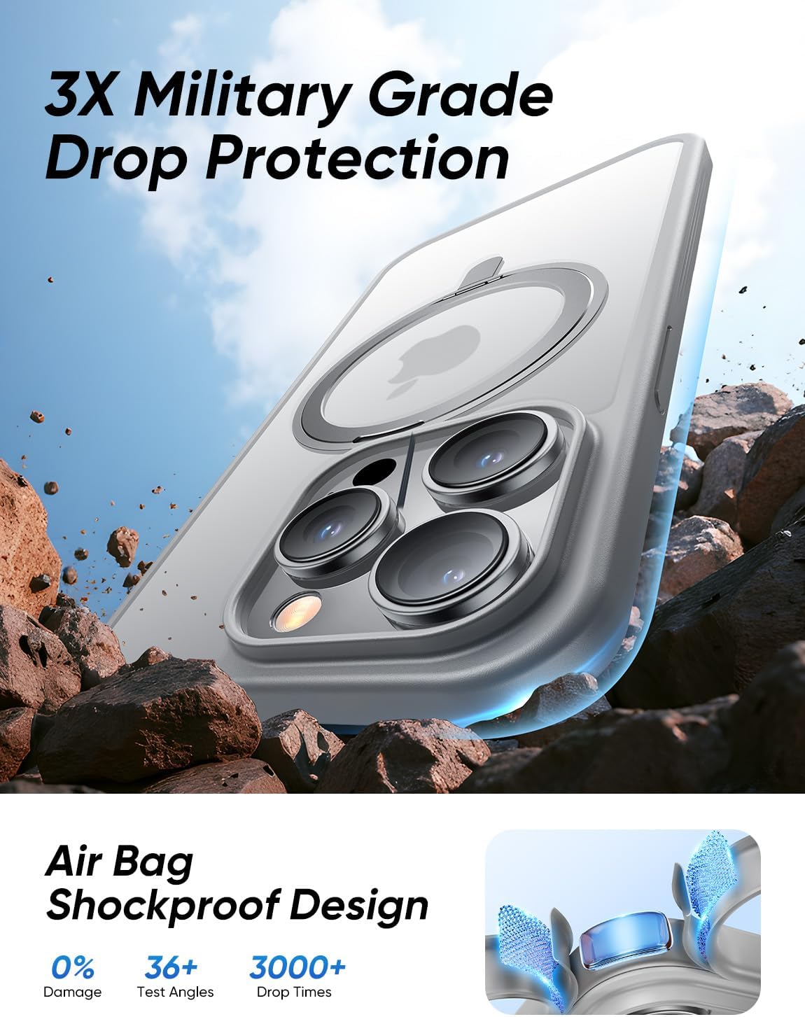 MAGIC JOHN 360° Rotatable Magnetic Invisible Stand for iPhone 15 Pro Case [Camera Control Button] [Compatible with MagSafe] 16FT Shockproof for iPhone 15 Pro Case with Kickstand, Gray