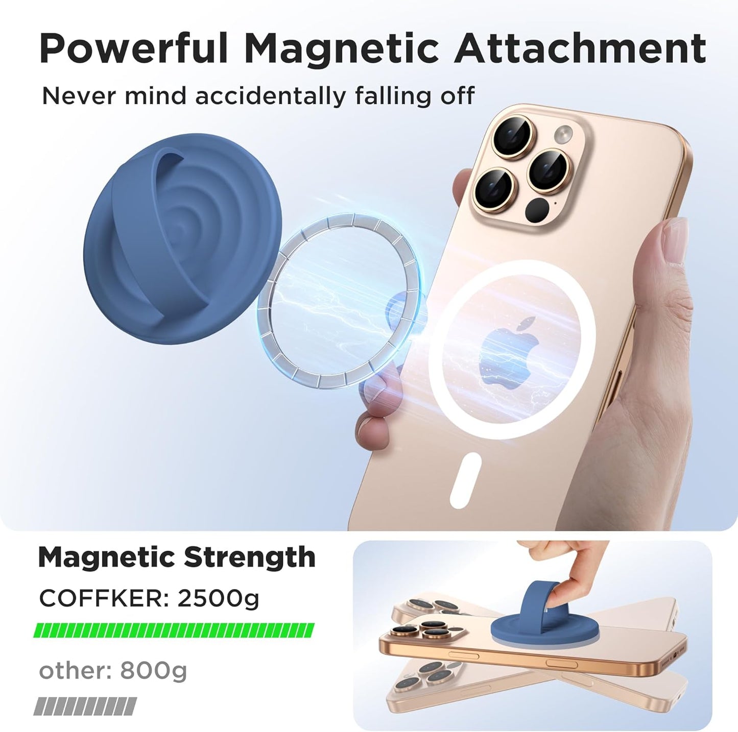Magnetic Phone Ring Grip Holder, Silicone Finger Loop Grip, Compatible with MasSafe, Back of Phone for iPhone Pro Max/Plus/16/15/15/14/13/12 Series, Azure Blue