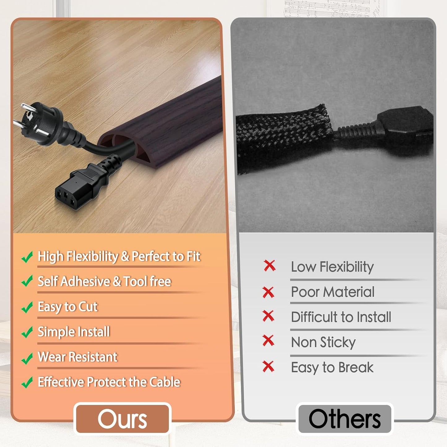 Floor Cord Cover for Wires on Floor Self Adhesive Cord Hider Floor Cable Management Wire Covers for Cords Protector Prevent Cable Trips Cord Cavity W 0.51" x H 0.31", Black Walnut, 10Ft